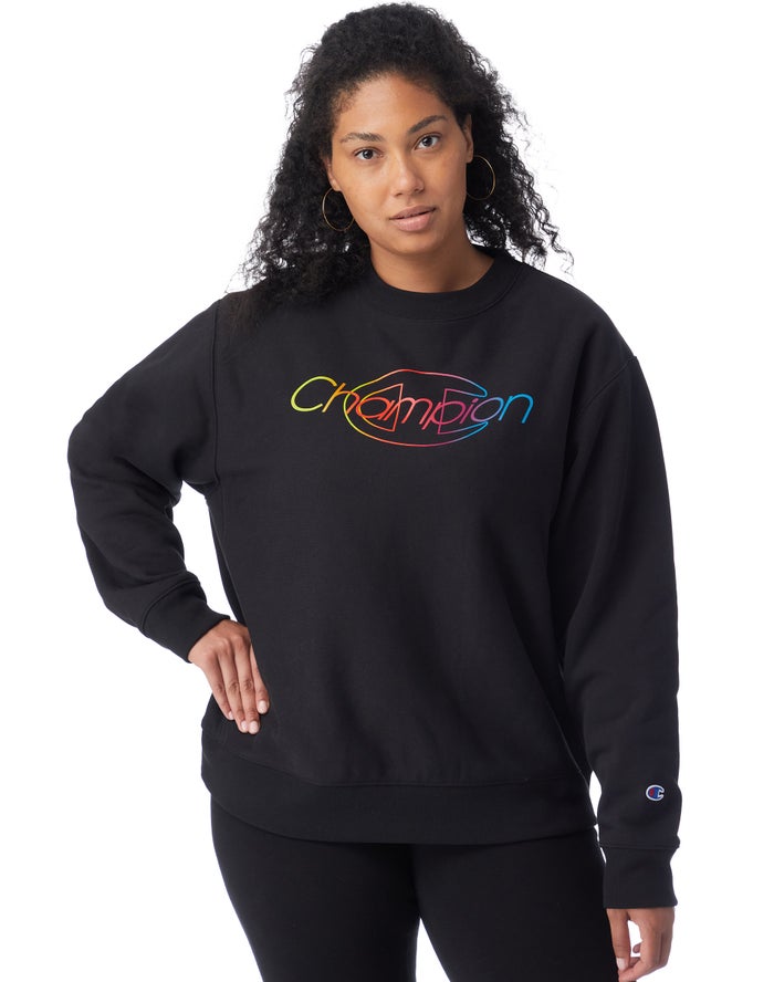 Champion Plus Reverse Weave Crew Rainbow Logo Kadın Sweatshirt Siyah ( UQYVHC365 )